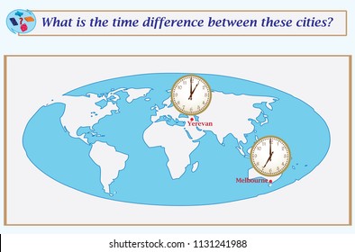 Logical task.What is the time difference between these cities? Vector illustration