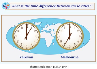 Logical task.What is the time difference between these cities? Vector illustration