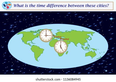 Logical task.What is the time difference between these cities? Vector illustration