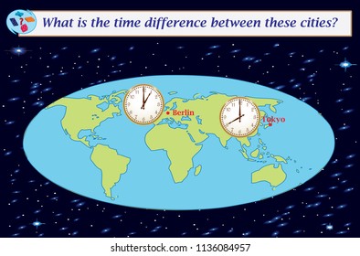 Logical task.What is the time difference between these cities? Vector illustration