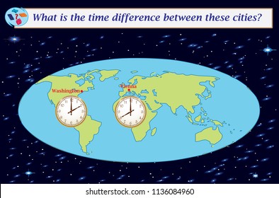 Logical task.What is the time difference between these cities? Vector illustration