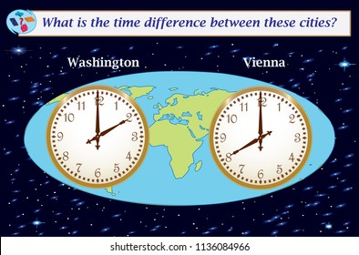 Logical task.What is the time difference between these cities? Vector illustration