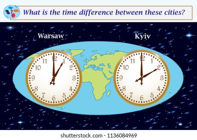 Logical task.What is the time difference between these cities? Vector illustration