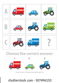 Logical test. The logical task consisting of images of different vehicles. Vector illustration for using for example as part of IQ test for children