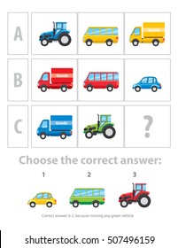 Logical test. The logical task consisting of images of different vehicles. Vector illustration for using for example as part of IQ test for children