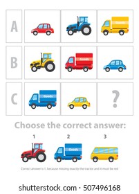 Logischer Test. Die logische Aufgabe besteht aus Bildern verschiedener Fahrzeuge. Vektorgrafik zum Beispiel als Teil des IQ-Tests für Kinder