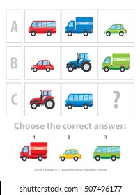 Logical test. The logical task consisting of images of different vehicles. Vector illustration for using for example as part of IQ test for children