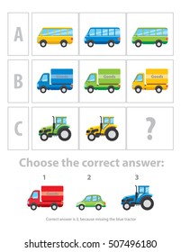 Logical test. The logical task consisting of images of different vehicles. Vector illustration for using for example as part of IQ test for children