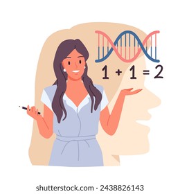 Logical thinking, cognitive ability of personality and science insight. Smart woman researcher working with numbers and scientific symbols, human head silhouette behind cartoon vector illustration