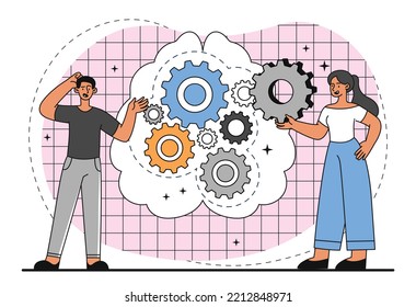 Logical Thinking Concept. Abstract Thinking And Mental Health. Poster Or Banner For Website. Man And Woman With Gears Near Brain Silhouette. Help And Support. Cartoon Flat Vector Illustration