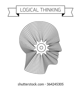 Logical thinking concept with gear cog and head of man. Modern vector illustration of head made from concentric thin line shapes.
