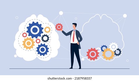 Logical thinking concept. Man builds clouds from gears. Thoughtful character solves problem. Psychology, mindfulness and mental health. Solution and decision. Cartoon flat vector illustration