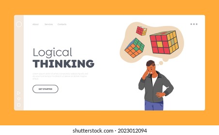 Plantilla de la página de inicio de pensamiento lógico. Hombre con tipo de mentalidad mental estructural matemática. Comportamiento mental, percepción psicológica mental con rompecabezas de la solución del hombre en mente. Ilustración del vector de dibujos animados