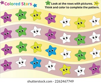 Logical Thinking Worksheet, Colored Stars Pattern, What comes next?