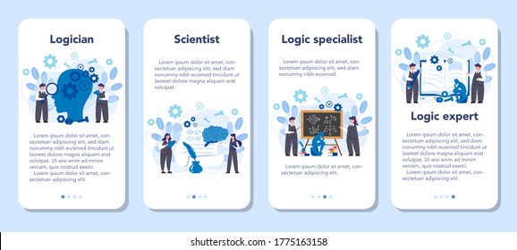 Logician mobile application banner set. Scientist systematicly study of the forms of inference. Thinking process, the systematic exposition of the logical forms. Isolated vector illustration