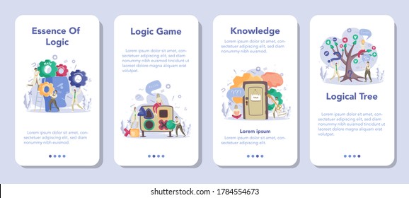 Logician mobile application banner set. Scientist systematicly study of the forms of inference. Thinking process, the systematic exposition of the logical forms. Isolated vector illustration