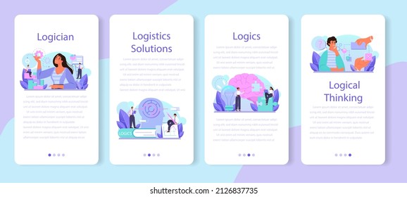 Logician mobile application banner set. Scientist systematicly studying logical challenges and solutions. Thinking process, the systematic exposition of the logical forms. Flat vector illustration