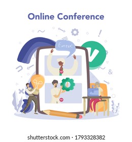 Logician online service or platform. Scientist systematicly study of the forms of inference. Online conference. Isolated vector illustration