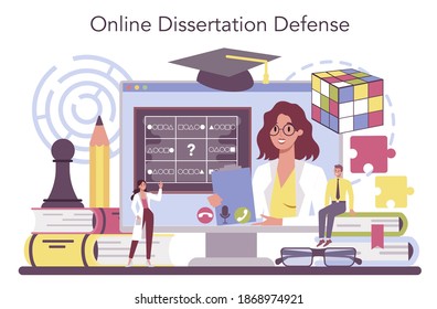 Logician online service or platform. Scientist systematicly studying logical challenges and solutions. Online dessertation defense. Isolated vector illustration