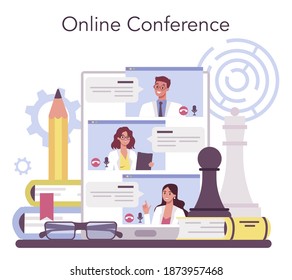 Logician online service or platform. Scientist systematicly studying logical challenges and solutions. Online conference. Isolated vector illustration