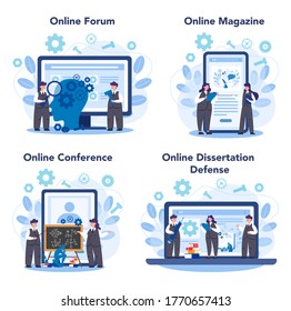 Logician online service or platform set. Scientist systematicly study of the forms of inference. Online forum, magazine, conference, dessertation defense. Isolated vector illustration