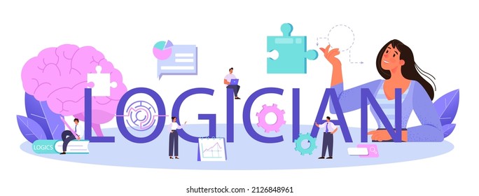 Encabezado tipográfico logiano. Científico que estudia sistemáticamente los desafíos y las soluciones lógicas. Proceso de reflexión, la exposición sistemática de las formas lógicas. Ilustración vectorial plana