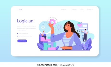 Logician web banner or landing page. Scientist systematicly studying logical challenges and solutions. Thinking process, the systematic exposition of the logical forms. Flat vector illustration