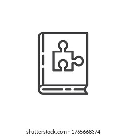 Icono de la línea del libro de logotipos. signo de estilo lineal para concepto móvil y diseño web. Libro con icono vector de contorno de rompecabezas. Símbolo, ilustración del logotipo. Gráficos vectoriales