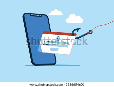 Login account attached to large hook. Online Information Hacking. Mobile phone screen with Blocked Account on Screen. Hacking and exploit results. Vector flat Illustration.