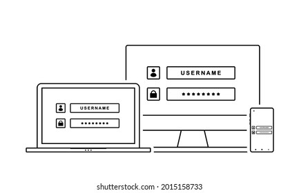 Iniciar sesión en la cuenta. Computadora, laptop y smartphone con concepto de inicio de sesión y página de autenticación.  Código de verificación. Firma de autorización privada. Vector de ilustración