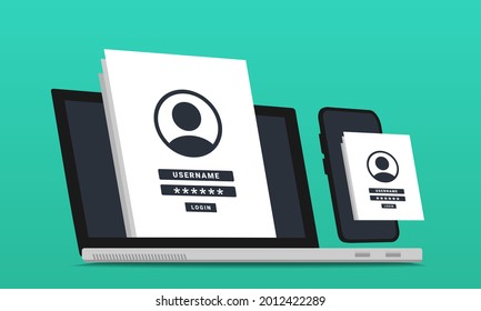 Login to account. Laptop and smartphone with login and authentication page concept. Password security access. Verification code. Illustration vector