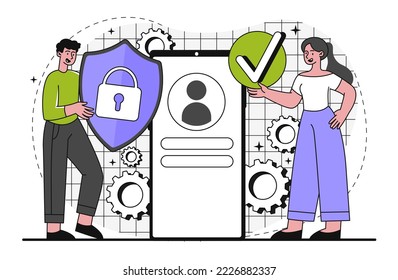 Login at account. Man and woman enter information, pass authorization. Modern technologies and digital world. Internet security and personal data protection. Cartoon flat vector illustration