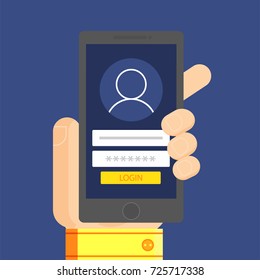 Login to the account, verification on the phone screen in the man's hand. Vector flat illustration