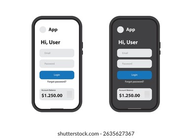  Login app interface with user name, password input, and balance display in mobile layout.