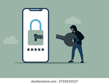 Falha na tentativa de login, senha esquecida, senha errada. Assaltante com chave quebrada está confuso. Ilustração de vetor plano