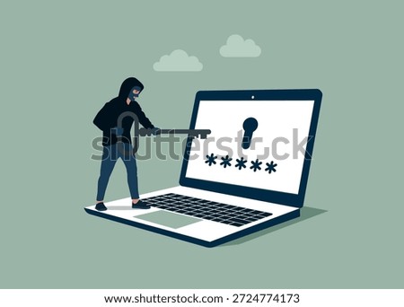 Login attempt in laptop. Robber with key. Flat vector illustration