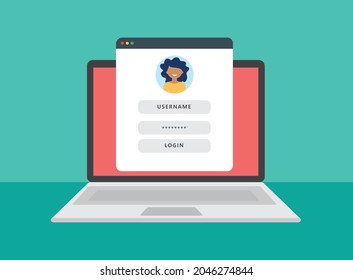 Login authentication concept on laptop screen. Notebook and online login form. Vector illustration. 
