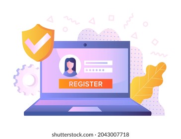 Login or authorization page. Laptop with fields for entering user name and password. Log in to personal account. Registration on website. Cartoon flat vector illustration isolated on white background