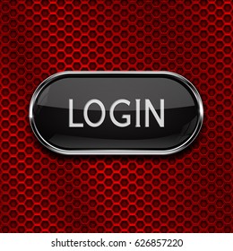 Login black button on red metal perforated background. Vector 3d illustration