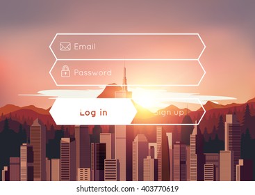Login box with city sunset background