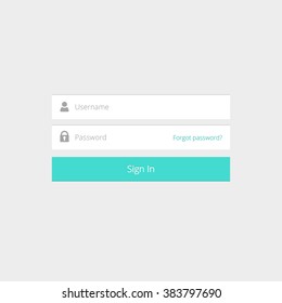 Login box, login form, login ui interface element, login screen, sign in button, username and password inputs, log in icons, flat modern window vector design on grey background