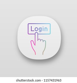 Login button click app icon. UI/UX user interface. Authorization. Hand pressing button. Web or mobile application. Vector isolated illustration