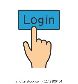 Login button click color icon. Authorization. Hand pressing button. Isolated vector illustration