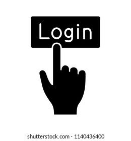 Login button click glyph icon. Silhouette symbol. Authorization. Hand pressing button. Negative space. Vector isolated illustration