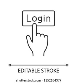 Login button click linear icon. Thin line illustration. Authorization. Hand pressing button. Contour symbol. Vector isolated outline drawing. Editable stroke