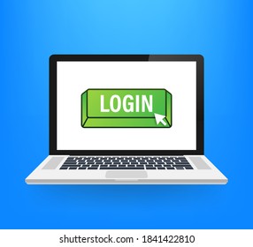 Login button laptop on blue background. Website template design. Click button. Vector stock illustration.