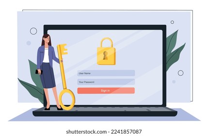 Login to computer. Woman with golden key standing near laptop. Authentication and verification, security of personal data in account or profile. Poster or banner. Cartoon flat vector illustration