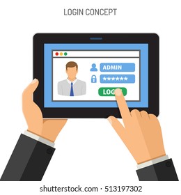 Login Concepts Man Holding Tablet PC Similar To Ipad Horizontal In Hand And Touching Logon Window With Password. Isolated Vector Flat Icon Illustration.