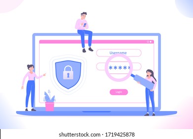 Login or create account concept. Young people interacting with laptop, security lock and shield on laptop screen, username and password near them, account security and registration vector illustration