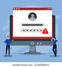 Abbildung eines Anmeldefehlers zeigt einen Kennwortfehler, eine Warnmeldung und frustrierte Benutzer, die auf einem Desktop-Bildschirm mit Zugriffsproblemen konfrontiert sind. Konzept von Authentifizierungsproblemen und Fehlern bei der Benutzererfahrung. 